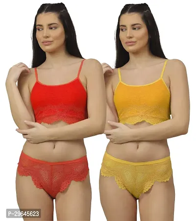 Women Net Bra Panty Set for Lingerie Set ( Pack of 2 ) ( Color : Red,Yellow )-thumb0