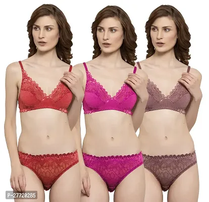 Women Net Bra Panty Set for Lingerie Set Pack of 3  Color : Red,Pink,Maroon-thumb0