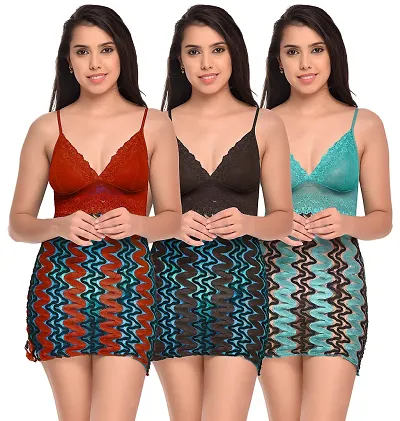 Stylish Fancy Designer Net Baby Doll Night Dress For Women Pack Of 3