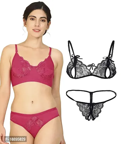 Arousy-Net Bra Panty Set Lingerie Set Full Coverage Non-Padded Non-Wired Honeymoon Set(Pack of 2)(Color -Pink,Black) Model No:123-thumb0