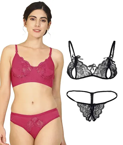 Arousy-Net Bra Panty Set Lingerie Set Full Coverage Non-Padded Non-Wired Honeymoon Set(Pack of 2)(Color -Pink,Black) Model No:123