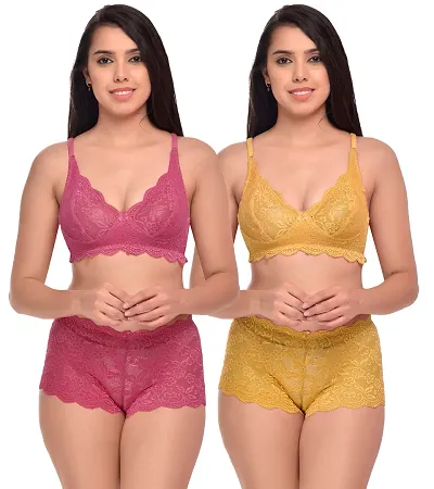 Elegant Net Self Pattern Bras And Panty Set For Women- Pack Of 2