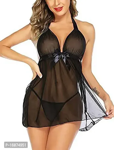 Women Net Lace Self-Design Baby Doll Set ( Pack of 1 ) ( Color : Black )-thumb0