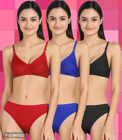 Stylish Fancy Designer Cotton Bra And Panty Set For Women Pack Of 3-thumb0