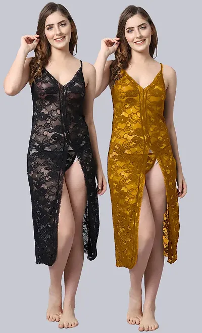 Pack Of 2 Stylish Net Baby Doll Long Sexy Night Dress For Women