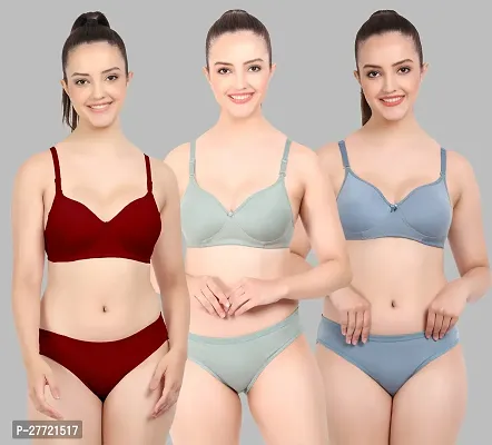 Women Cotton Bra Panty Set for Lingerie Set Pack of 3  Color : Maroon,Green,Blue-thumb0