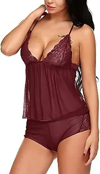 Women Net Lace Self-Design Baby Doll Set ( Pack of 1 ) ( Color : Maroon )-thumb1