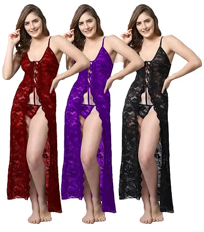 Pack Of 3 Stylish Net Baby Doll Sexy Long Night Dress For Women