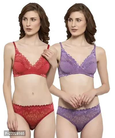 Women Net Bra Panty Set for Lingerie Set Pack of 2  Color : Red,Purple