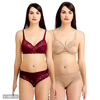 Women Cotton Bra Panty Set for Lingerie Set undergarments ladies inner wear  sexy bridal honeymoon floral daily innerwear & swimwear Adjustable strap  full coverage ( Pack of 3 ) ( Color : Maroon,Red,Brown )