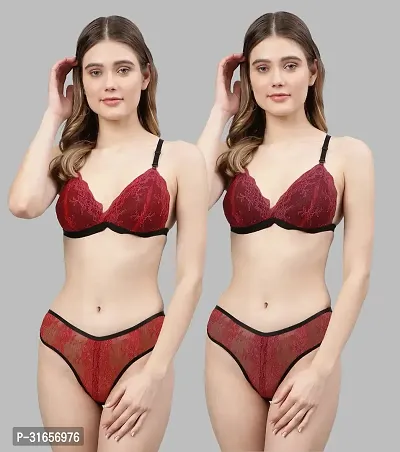 Beach Curve-Women Red,Maroon Net Bra Panty Set|Lingerie Set|Honeymoon Night Dress Wedding|Valentine Beautiful Gift for Girl|Bra Panty Set for Women with Sexy|Bra Panty Set for Women-thumb0