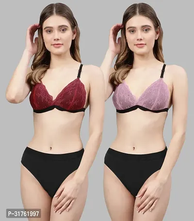 Stylish Net Solid Combo Bra and Panty Set for Women