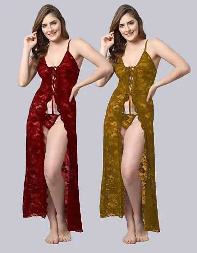 Pack Of 2 Stylish Net Baby Doll Long Sexy Night Dress For Women