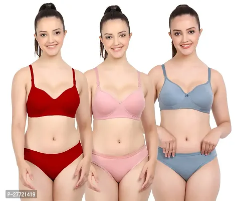 Women Cotton Bra Panty Set for Lingerie Set Pack of 3  Color : Red,Pink,Blue-thumb0