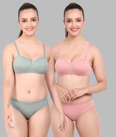 Elegant Self Pattern Bras And Panty Set For Women- Pack Of 2