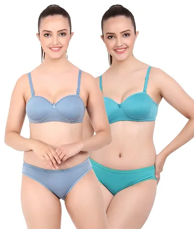 Elegant Self Pattern Bras And Panty Set For Women- Pack Of 2