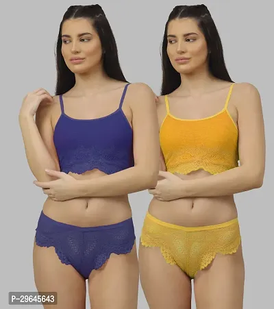 Women Net Bra Panty Set for Lingerie Set ( Pack of 2 ) ( Color : Blue,Yellow )