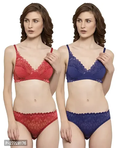 Women Net Bra Panty Set for Lingerie Set Pack of 2  Color : Red,Blue