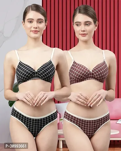 Stylish Cotton Checked Bra And Panty Set For Women Pack Of 2