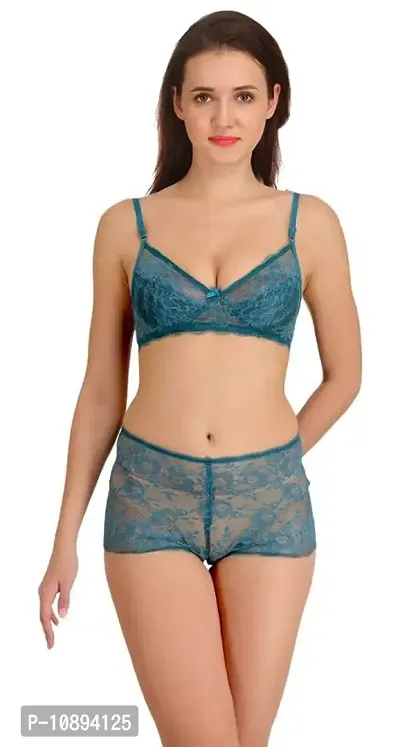 Arousy Fashions Women's Net Lace Non-Padded Non-Wired Bra and Panty Sexy Honeymoon Undergarments Set (Green, 32)