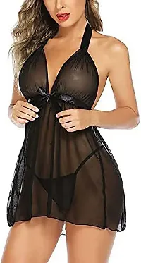 Women Net Lace Self-Design Baby Doll Set ( Pack of 1 ) ( Color : Black )-thumb1