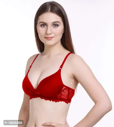 Arousy Women Padded Lace Cotton Non Wired Full Coverage T-Shirt Bra|Shaper Bra|Push up Teenage Bra|Regular Use Bra|Comfortable Bra|Free Bra Hook Extender| (Pack of 1) (Color : Red) (Size : 38)-thumb3