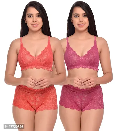 Women Net Bra Panty Set for Lingerie Set Pack of 2  Color : Red,Pink