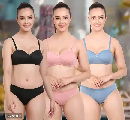 Women Cotton Bra Panty Set for Lingerie Set Pack of 3  Color : Black,Pink,Blue-thumb0