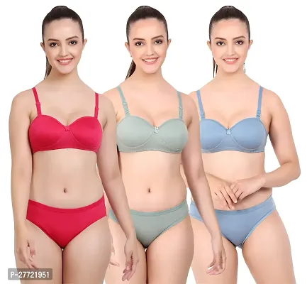 Women Cotton Bra Panty Set for Lingerie Set Pack of 3  Color : Red,Green,Blue-thumb0