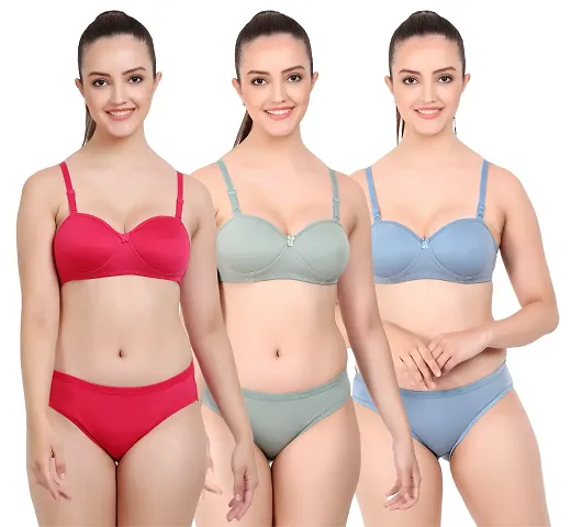 Elegant Self Pattern Bras And Panty Set For Women- Pack Of 3