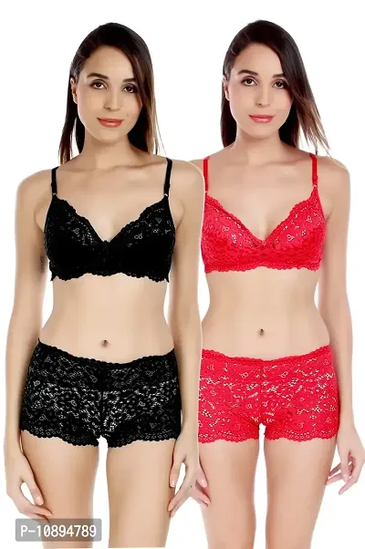 Arousy Net Non Padded Wirefree Bra and Panty Set for Woman Black,Red