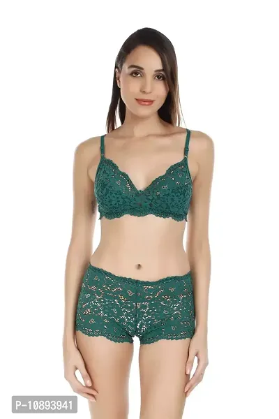 Arousy Fashions Women's Net Lace Non-Padded Non-Wired Bra Panty Set (Bottle Green, 34)