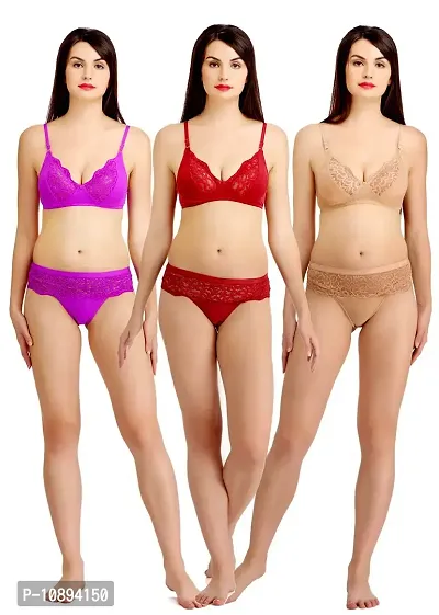 Arousy Womens Lace Sexy Bra Panty Set, Soft Non Padded Beachwear Set, Swimwear, Bikini Cum Lingerie Set for Girls Pack of 3