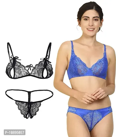 Arousy-Net Bra Panty Set Lingerie Set Full Coverage Non-Padded Non-Wired Honeymoon Set(Pack of 2)(Color -Blue,Black) Model No:114