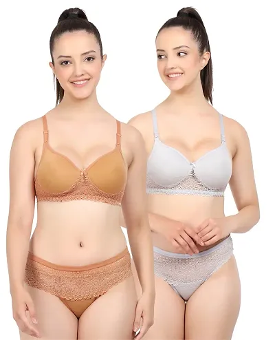 Elegant Self Pattern Bras And Panty Set For Women- Pack Of 2