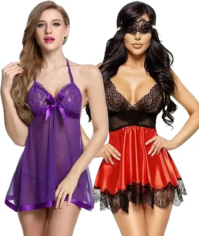 Pack Of 2 Stylish Printed Net Baby Doll Sexy Night Dress For Women