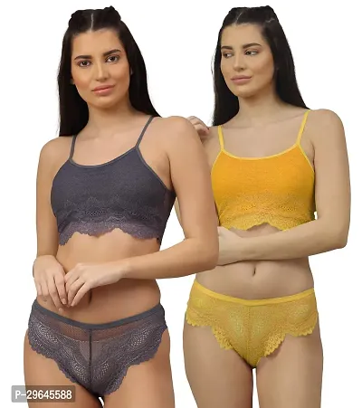 Women Net Bra Panty Set for Lingerie Set ( Pack of 2 ) ( Color : Grey,Yellow )-thumb0