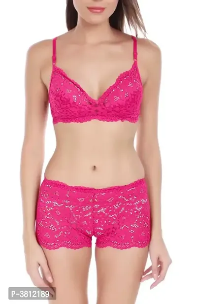 Stylish Pink Lace Bra  Panty Set-thumb0