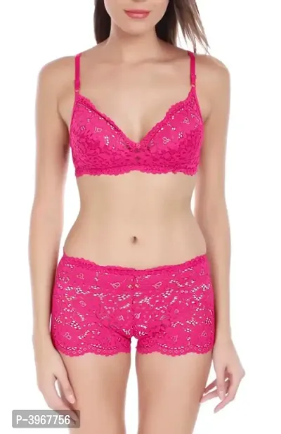 Stylish Pink Lace Bra & Panty Set-thumb0