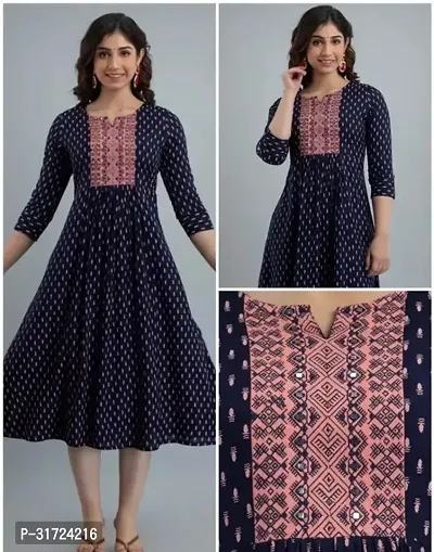 Anarkali Navy Blue Printed Rayon Kurta for Women-thumb0