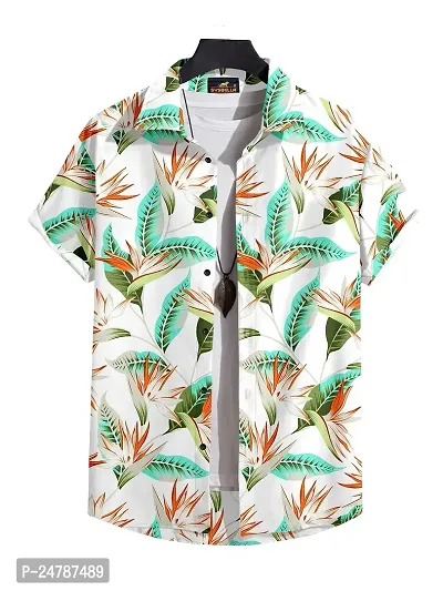 SYSBELLA FASHION Men's Printed Shirt with Spread Collar || Printed Lycra Shirts for Men|| Men Stylish Shirt for Outing, Camping, Beach || Half Sleeve (XX-Large, White-Green-Orange)