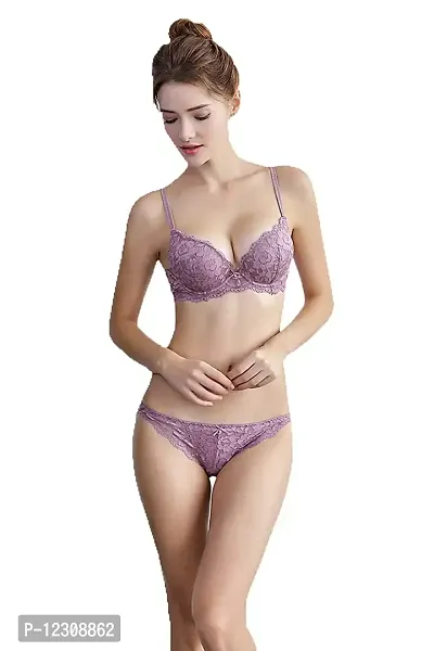 Penance for you Women Lady's Sexy Underwear Push Up Earembroidery Ladies Lace Bra Underwearset Color Purple Size-Large-thumb0