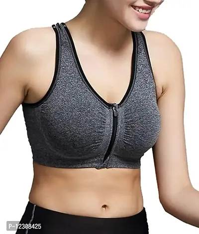 Penance for you Women's Seamless Lightly Padded Wired Sports Bra Front Zipper Grey