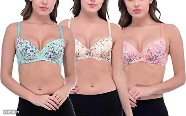 Penance for you Women's Sexy Stylish Printed Push Up Bra Colour Combo (36, Aqua Blue-Skin-Pink)