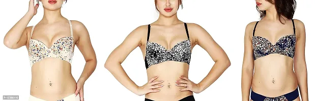 Penance for you Women's Sexy Stylish Printed Push Up Bra Colour Combo (32, Black-Blue-Skin)-thumb0