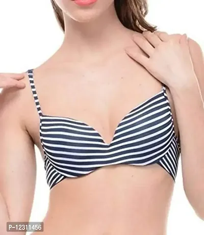 Penance for you Women Bra Cotton Striped Pushup Bra Lightly Padded Blue-thumb0