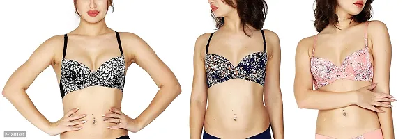 Penance for you Women's Sexy Stylish Printed Push Up Bra Colour Combo (38, Black-Blue-Pink)