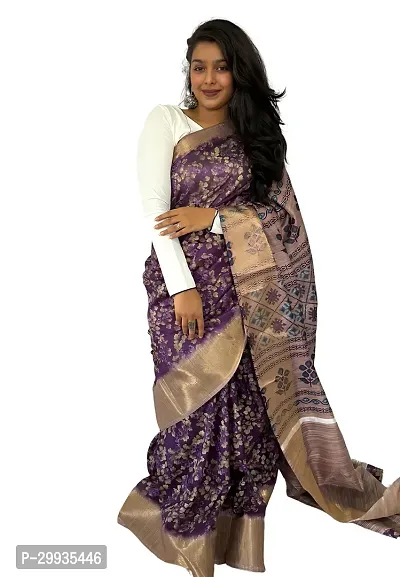 Stylish Purple Silk Blend Printed Saree with Blouse piece For Women