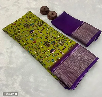 Stylish Green Silk Blend Printed Saree with Blouse piece For Women