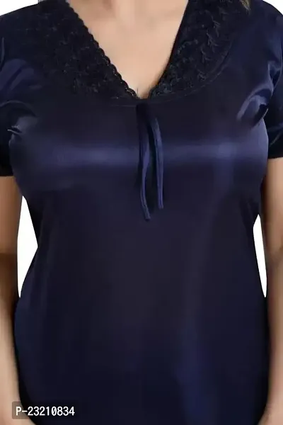 Stylish Navy Blue Satin Solid Night Wear Set For Women-thumb3